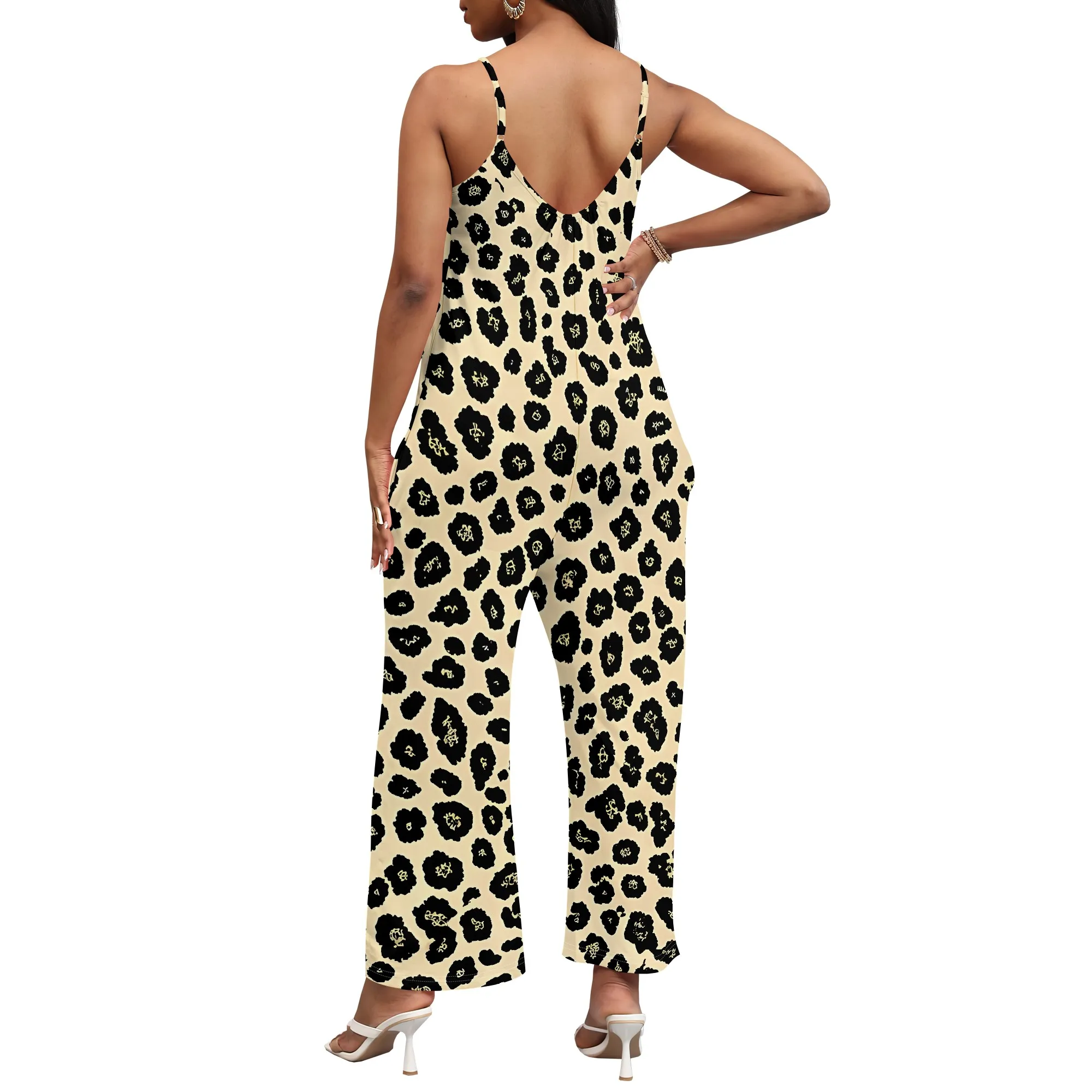 EQQZD Macacão sem mangas com decote em V e alça espaguete com pernas largas e bolsos, macacão elegante e simples com estampa de leopardo para mulheres