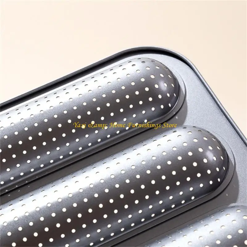 W8EA French Mini Baguettes Maker Carbon Steel Pan With 3 Chamber And Airflows Holes Perforated Bread Pan