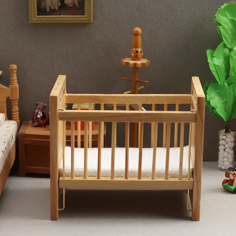 Casa de muñecas en miniatura 1:12, cama de bebé, Mini cuna, modelo de cuna de madera, muebles de dormitorio, accesorios de decoración de casa de muñecas