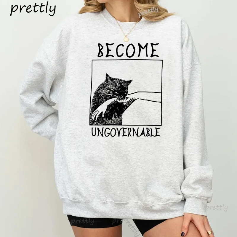 Word Ungovernable Black Cat Bijtende Hand Grappige Sweatshirts Lange Mouw Trui Grafische Hoodies Y2k Kleding Streetwear Tops