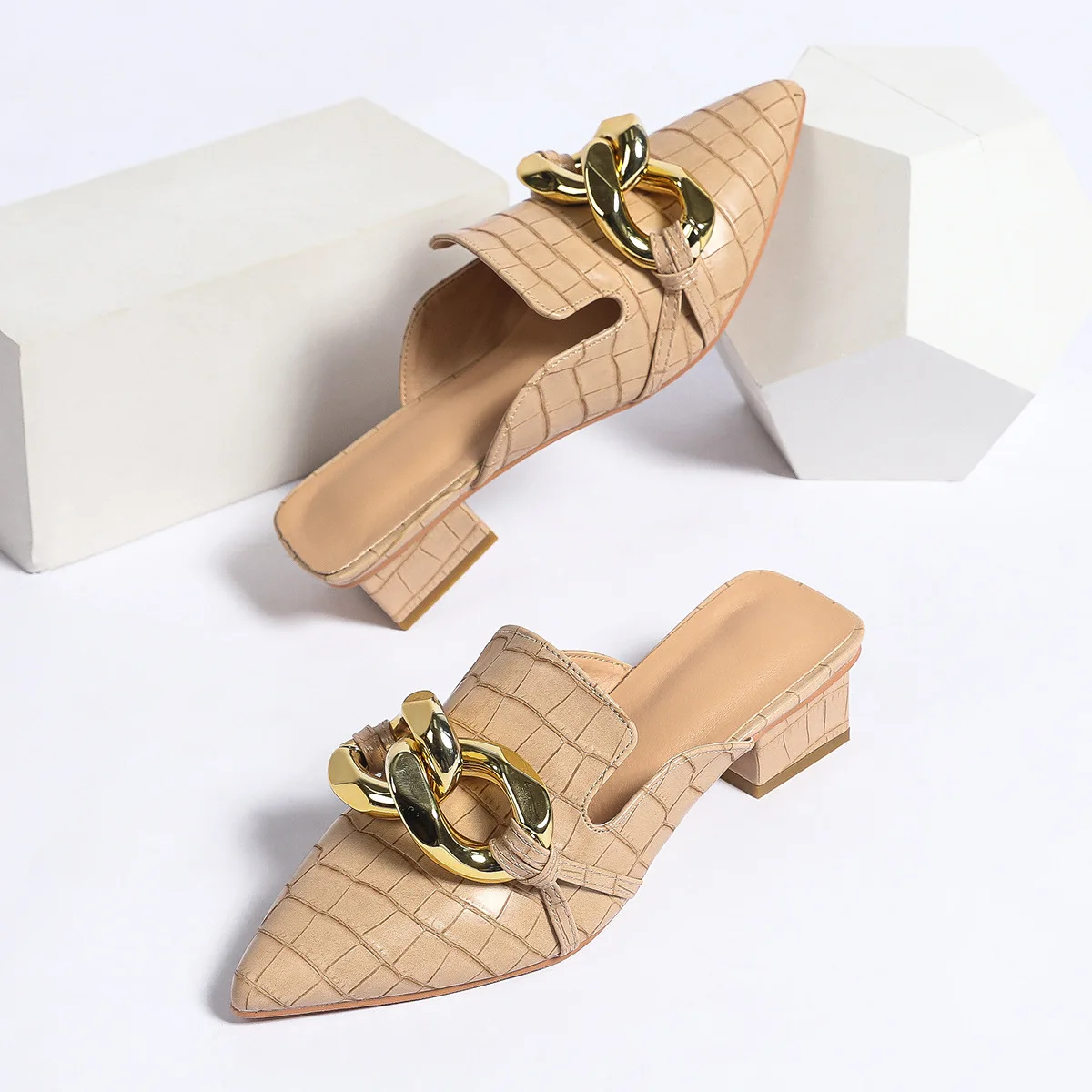 Luxury Chain Women's Mules Shoes With Heels 2024 New Summer Pointed Toe Square Heeled Slippers Women Sandals Big Size 8 9 10