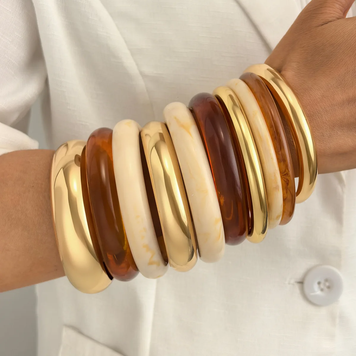 10Pcs/Set Boho Geometric Smudging Stacked Resin Wide Bangles Set for Women Fashion Vintage Exaggerated Metal Bracelet Jewelry