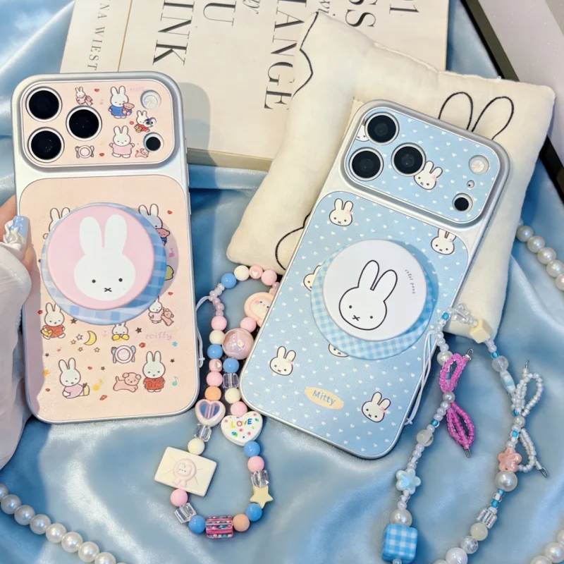 Cute Star Moon Miffy Magsafe Wireless Charge Phone Case For iPhone 15 16 17Pro Max Cartoon Lover Miffy leather Magnetic Cover﻿