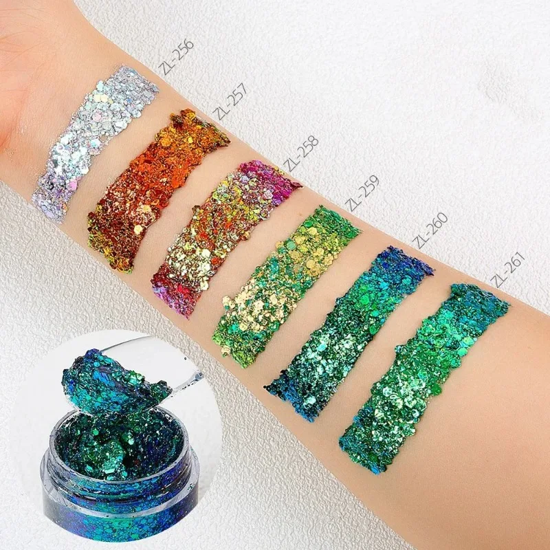 Pailletten-Körper-Glitzer-Gel, langlebiger Glitzer für Körper, Gesicht, Haare, Chamäleon, Lidschatten, Pailletten, Creme, Diamant-Make-up, Party, Festival