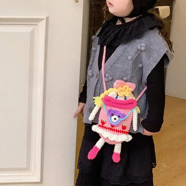 Handmade Crochet Bag Cartoon Big Mouth Girl Doll Finished Product Wool Yarn Woven Women Crossbody Shoulder Bag