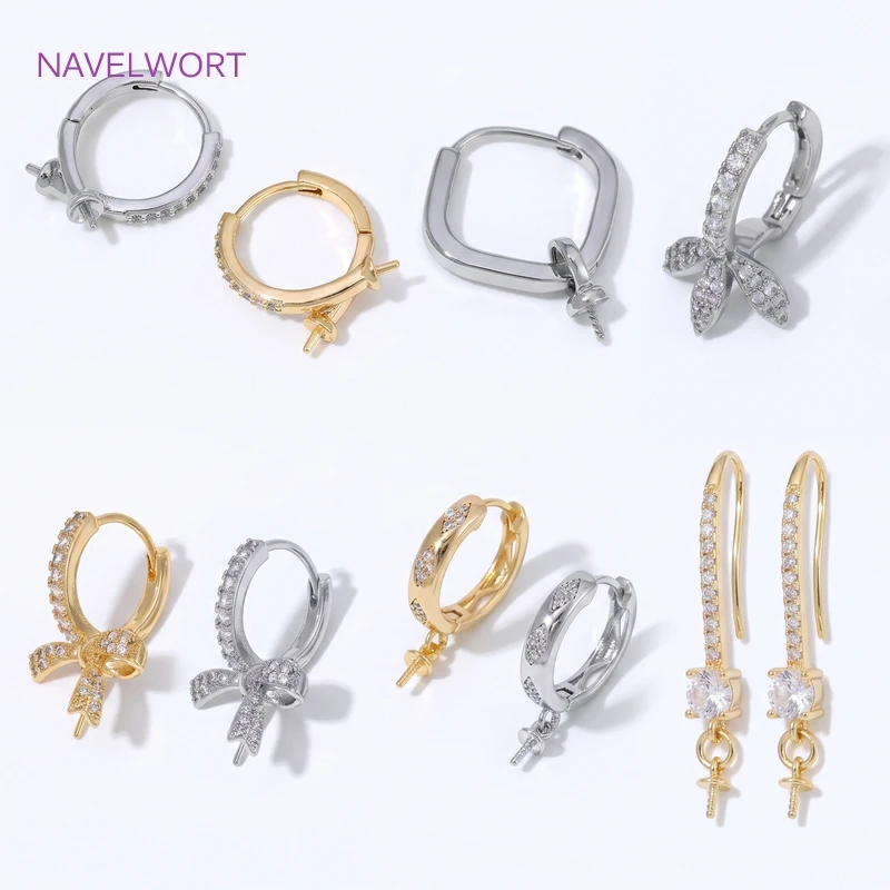 18K Gold Plated Round Earring Hooks with Pearl Pendant Mounting Accessories,Brass Earwires Earring Fixtures,DIY Earring Findings