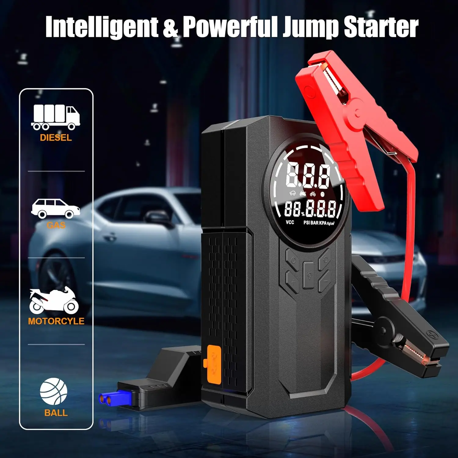 Multifuncional 4 em 1 Jump Starter com Inflador e Power Bank LED Light Jump Starter com Inflator Car Booster com Digital