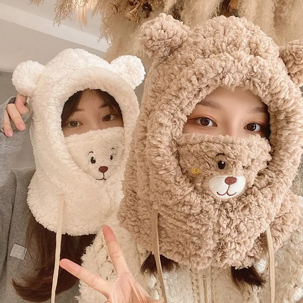 Winter Cartoon Hat With Mask Bear Lamb Beanie Hats Warm Thickened Ear Protection Skullies Beanies for Women Girl Kawaii