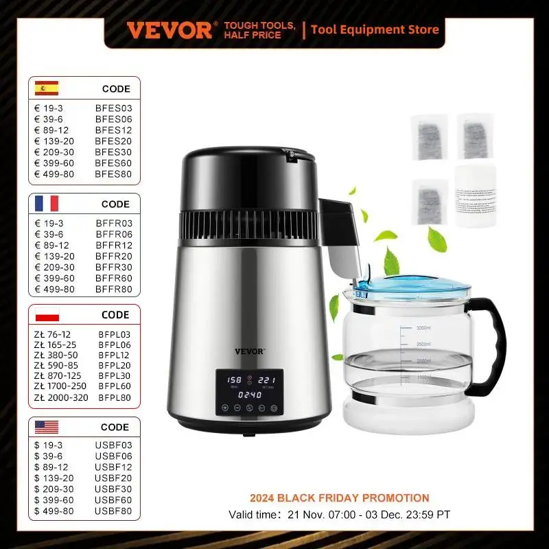 VEVOR 1L/H 1.5L/H Distilling Speed 4L Water Distiller Treatmen Purifier Filter Touch Screen Time Setting Home Appliance