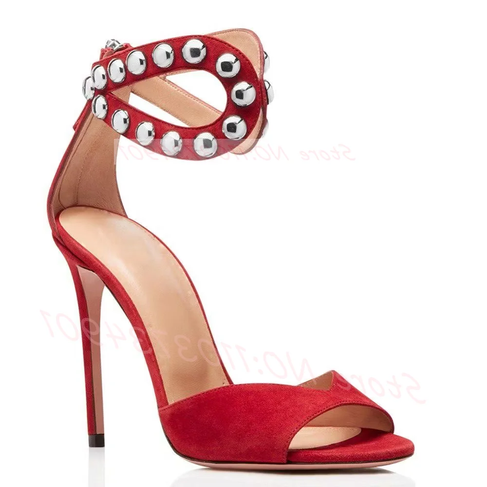 Metal Studs Ankle Strap Red Flock Sandals Women Sexy Open Toe Zipper High Heels Sandals Dress Stiletto Heels Size 47