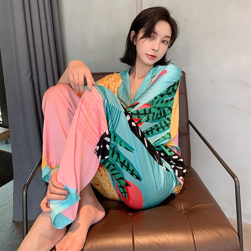 Autumn New Plant Print Satin Pajamas Set Women\'s Home Wear Long Sleeve Elastic Waist Temperament Sleepwear Two Piece Pajama Set