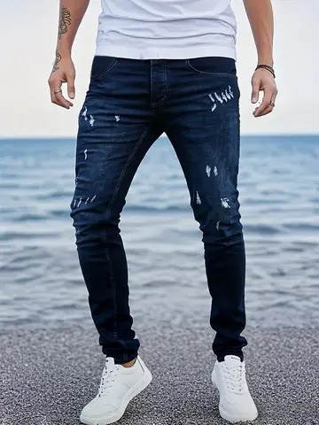 पुरुषों की नीली डिस्ट्रेस्ड स्किनी जींस, जिसमें एक अनोखा घिसा हुआ डिज़ाइन है जो शरीर के आकार को पूरी तरह से फिट करता है, जिससे इसे बनाना आसान हो जाता है 8 best sales जींस स्किनी - №5