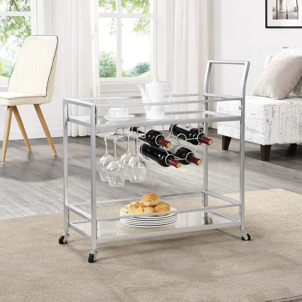 

Bar Cart, 2 Tier Mobile Mini Bar, Kitchen Serving Cart and Coffee Station with Storage for Wine an