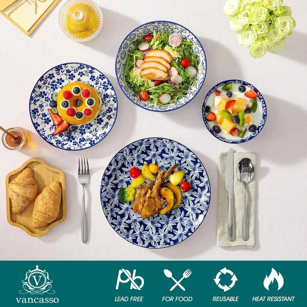Juego de vajilla de porcelana azul de 6 piezas, apto para microondas y lavavajillas, servicio para 6