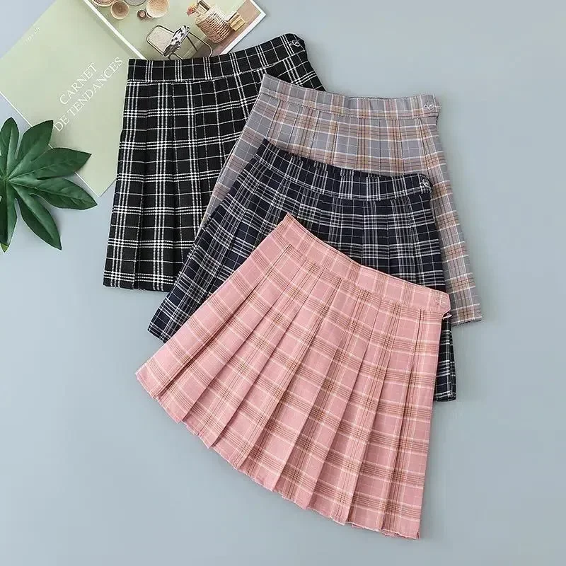 Women High Waist Pleated Skirt Y2k Black Tennis Summer Casual Kawaii A-line Plaid Japanese School Uniform Mini Skirts for Girls