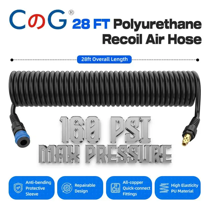1/4 In×28 Ft PU Pneumatic Polyurethane Air Compressor Hose Tube with Bend Restrictors 1/4” NPT Brass Quick Connect Air Fitting