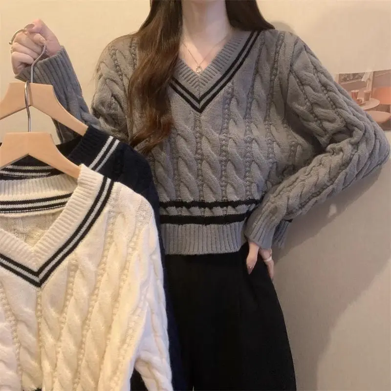 

Preppy Style V-Neck Sweaters Female Clothing Short Slim Autumn Winter Long Sleeve Vintage Striped Basic Casual Knitted Jumpers