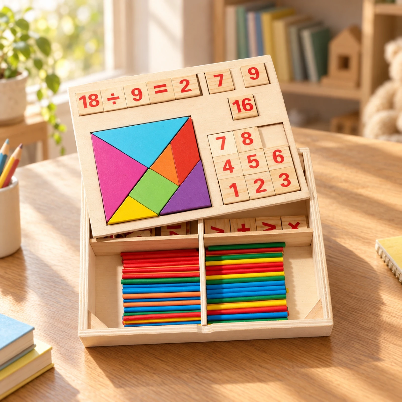 Wooden Math Toy with Storage Box Screenaway from Screen Counting Rods and Number Tiles Set Arithmetic Learning Toy