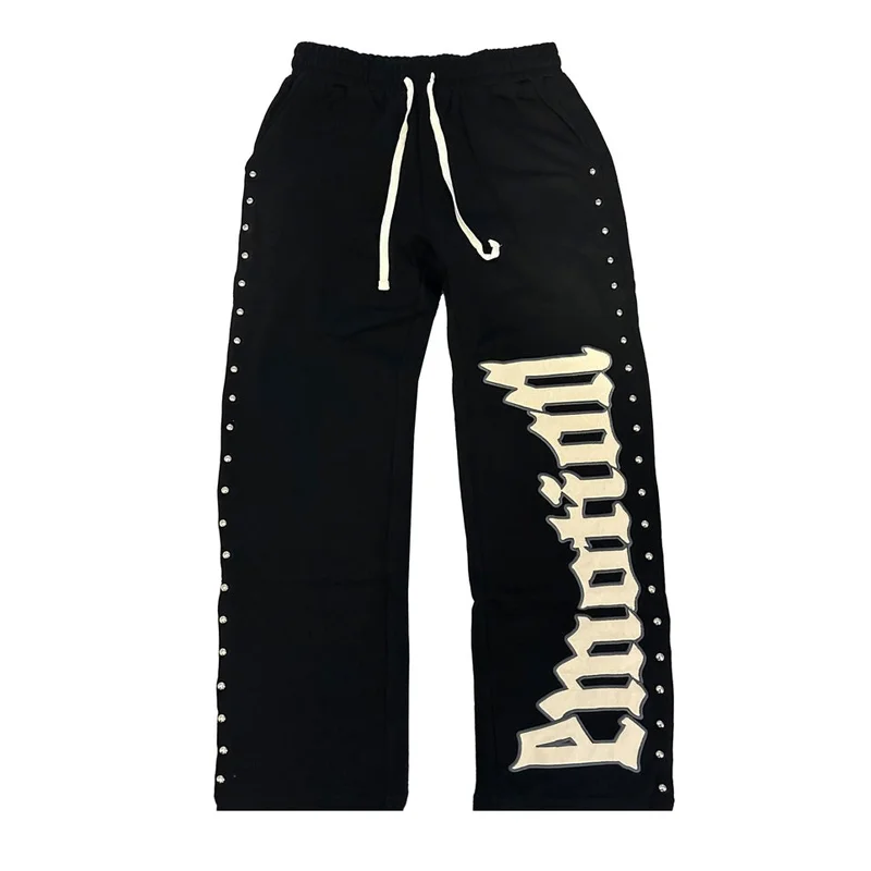 

MIXED EMOTION Sweatpants Embroidered Stick Cloth Metal Nail Drawstring Trousers Men's Autumn Winter All-match Casual Pants