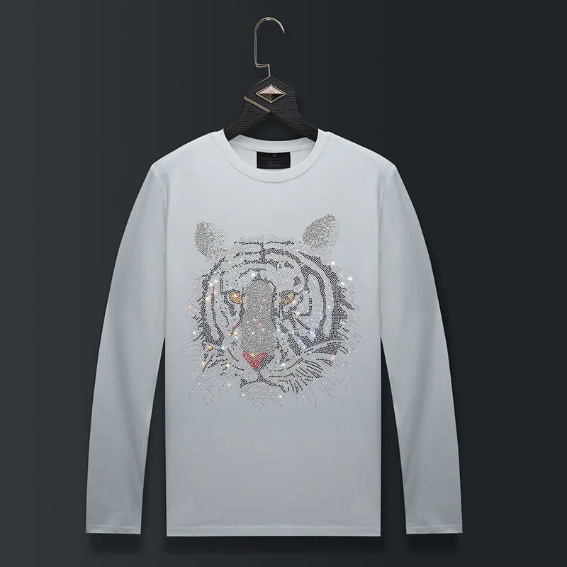 Plus Size T Shirts Men Cartoon Tiger Rhinestones Fashion Streetwear O Neck Long Sleeve Slim Modal Cotton Tshirts Mens Clothing