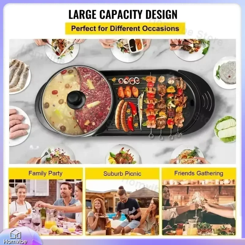 

2200W Electric Barbecue Grill Pot 2-in-1 Hot Pot Grill Smokeless Indoor BBQ Grill Fast Even Heating Dual Zone Temperature