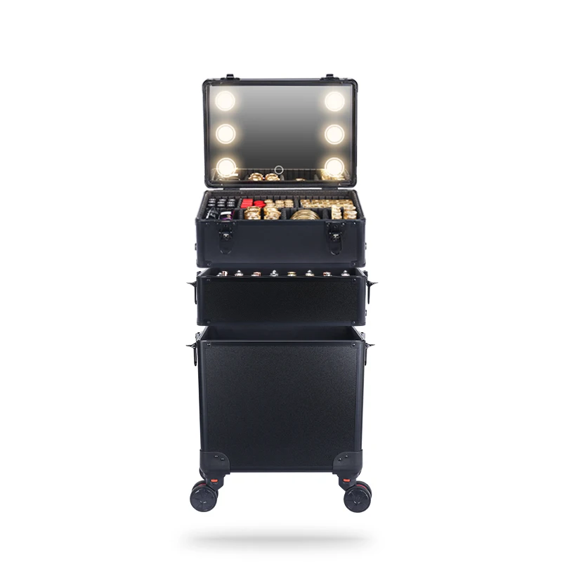 3 in 1 Portable Interchangeable Aluminum Rolling Makeup with led Mirror & Pull Rod - Beauty Tools Organizer