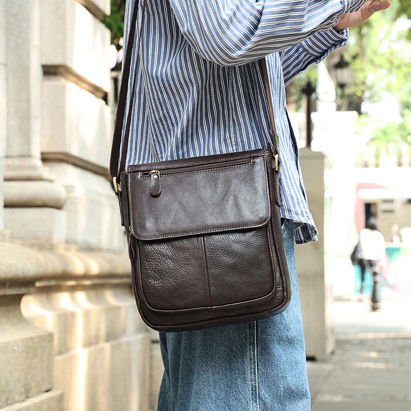 Retro flap-style crossbody bag for commuting leather bag for men genuine leather high-end style men's shoulder bag messenger bag