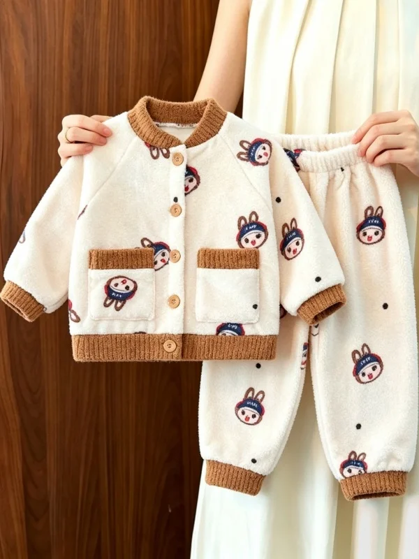 Conjunto de Pijamas Infantis em Flanela com Forro de Fleece Quente, Cardigã de Manga Longa e Calças para Meninos, Roupas de I...