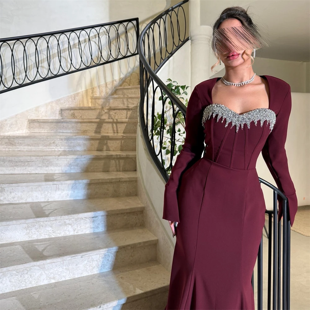 Customized Elegant Burgundy Jersey Evening Dress Exquisite Crystal Square Collar Mermaid Long Sleeves Sweep Train Robe de soirée