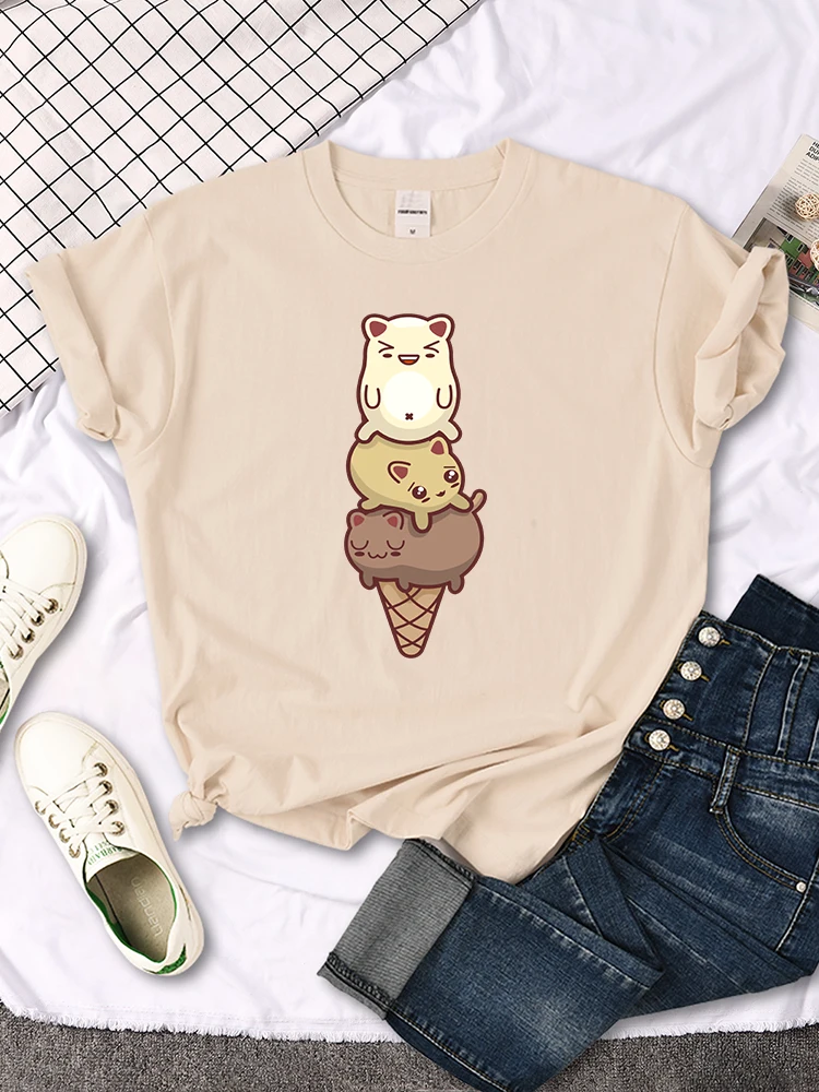 Woman T-Shirt Cats Ice Cream Printing Blouses Womens O-Neck Sports oversize Tops Street Kawaii Animal 2022 New Female T Shirts