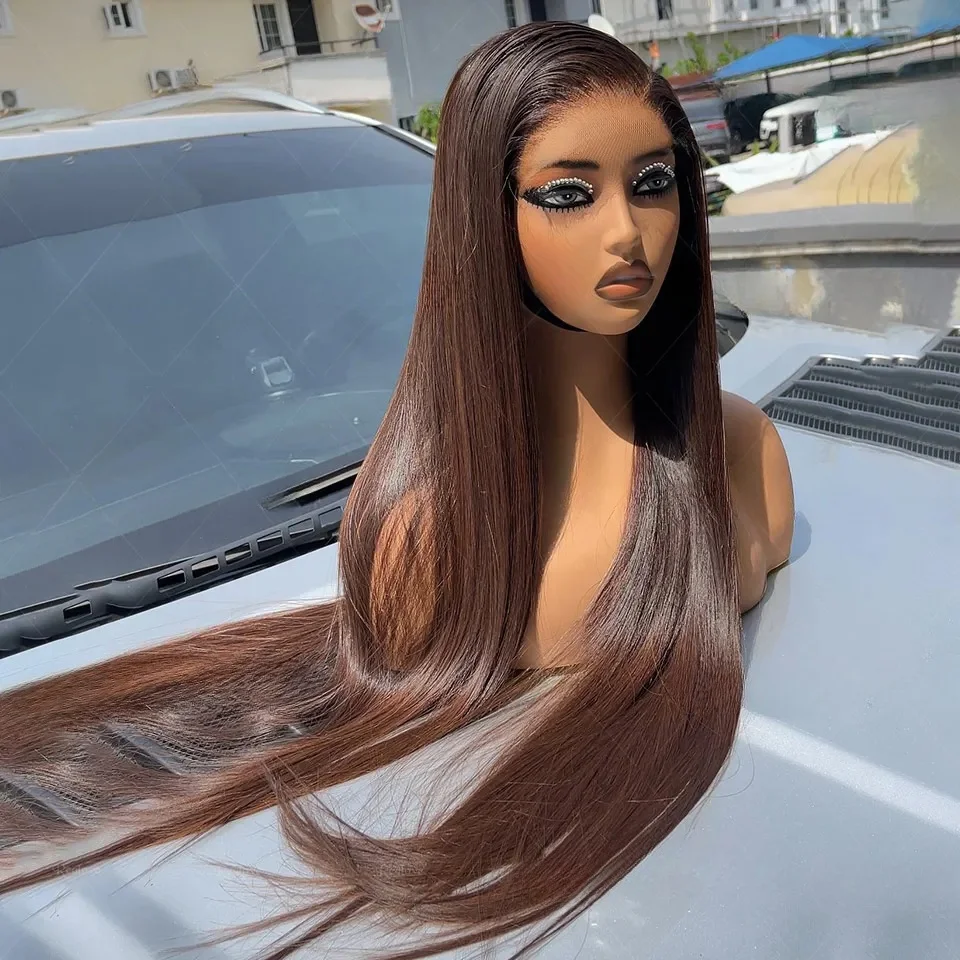 

Мягкий темно-коричневый мягкий предварительно сорванный 26-дюймовый длинный прямой парик фронта шнурка плотности 180 синтетический для женщин термостойкий бесклеевой парик