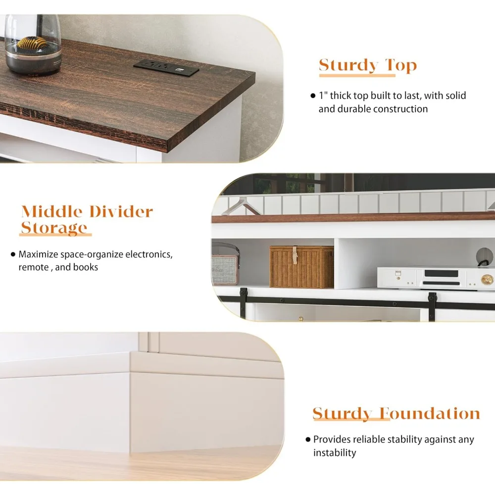 슬라이딩 헛간 문이 있는 65인치 이상 높이의 TV 스탠드, 엔터테인먼트 센터, 전원 콘센트 포함