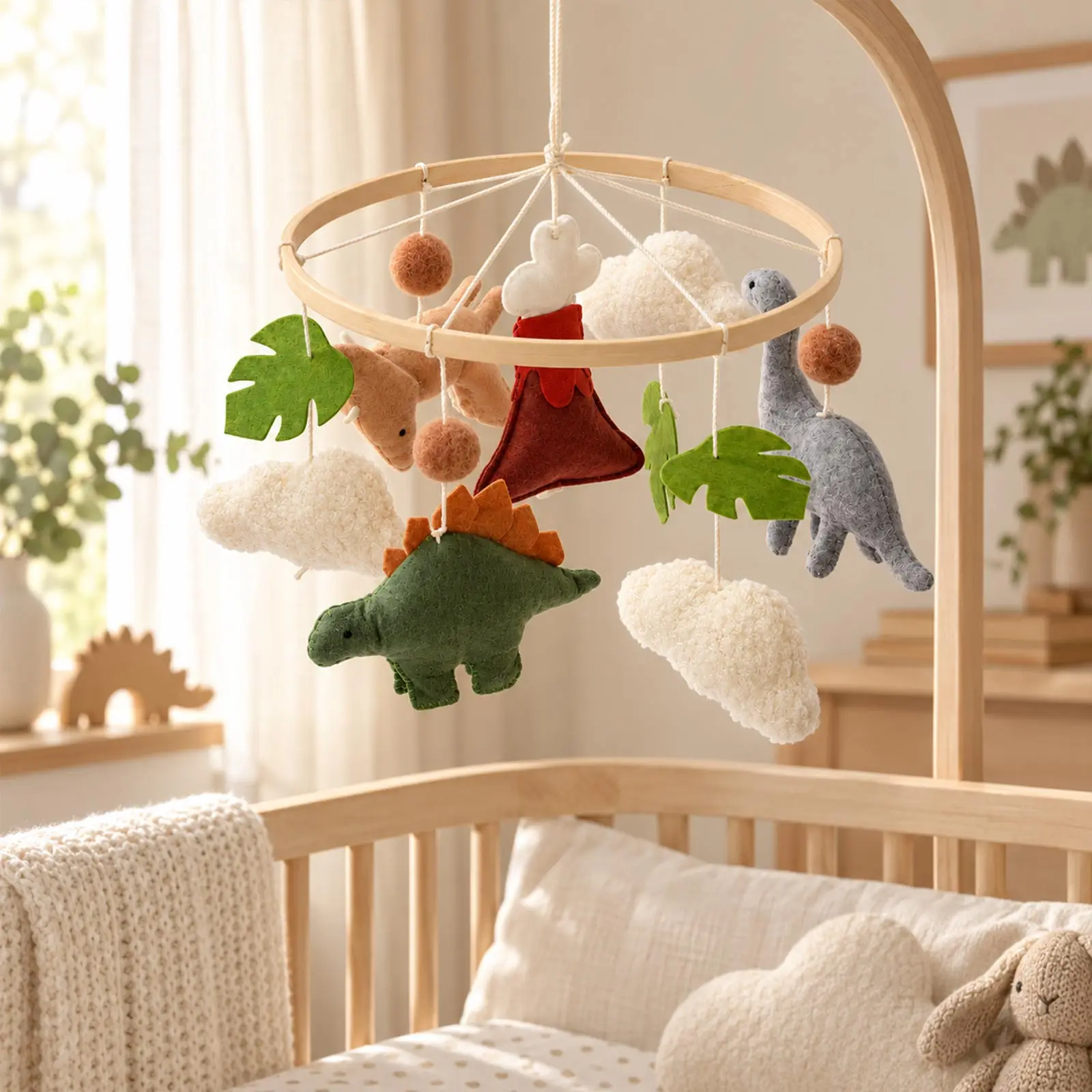 Montessori Dinosaur Crib Mobile - Felt Nursery Mobile with Wooden Ring for Newborn 0-12 Months, Sensory Visual Development Gift