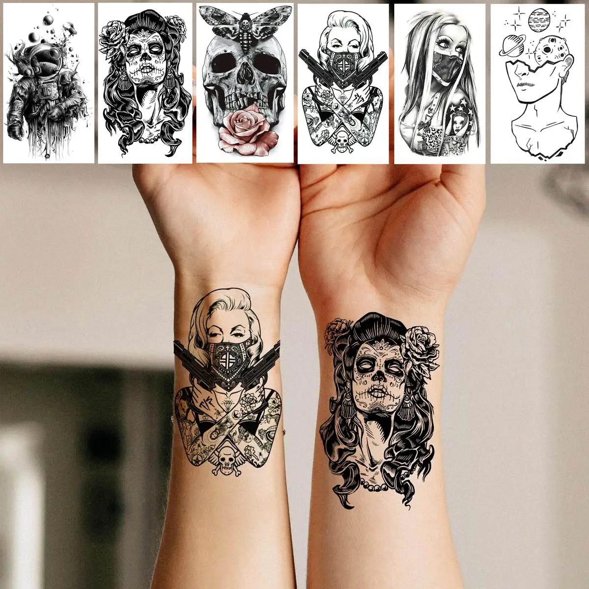 52 Sheets Black Skull Temporary Tattoos For Men Women Arm Neck Tattoos Paste Fake Small Flower Mountain Snake Animals 3D Tattoos