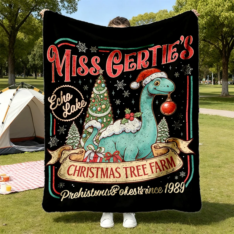 Dinosaur Christmas Tree Farm Flannel Blanket, Theme Park Christmas Flannel Throw, Xmas Gift