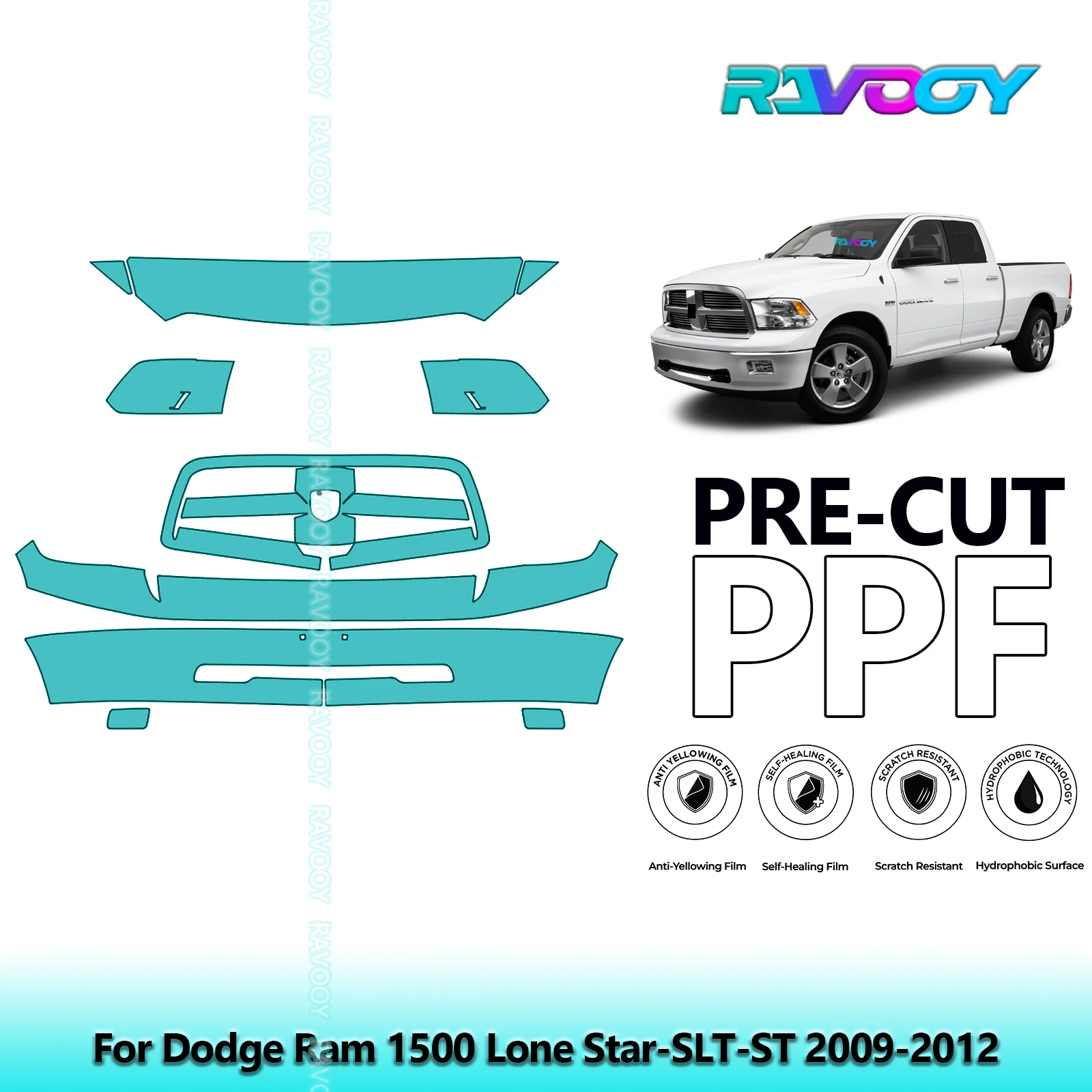 For Dodge Ram 1500 Lone Star-SLT-ST 2009-2012 Partial Front Pre-Cut Paint Protection Film PPF Stone Chip Kit | Clear/Matte/Black