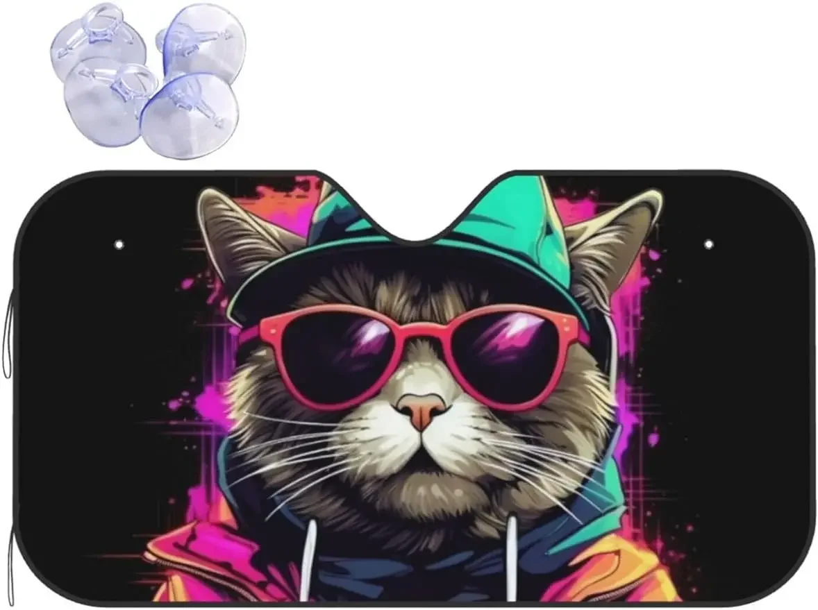 

Rapper Cat Car Windshield Sun Sha Cool Funny Car Front Window Sunsha Accessory For Most Sedans SUV Truck Blocks Max Uv Rays