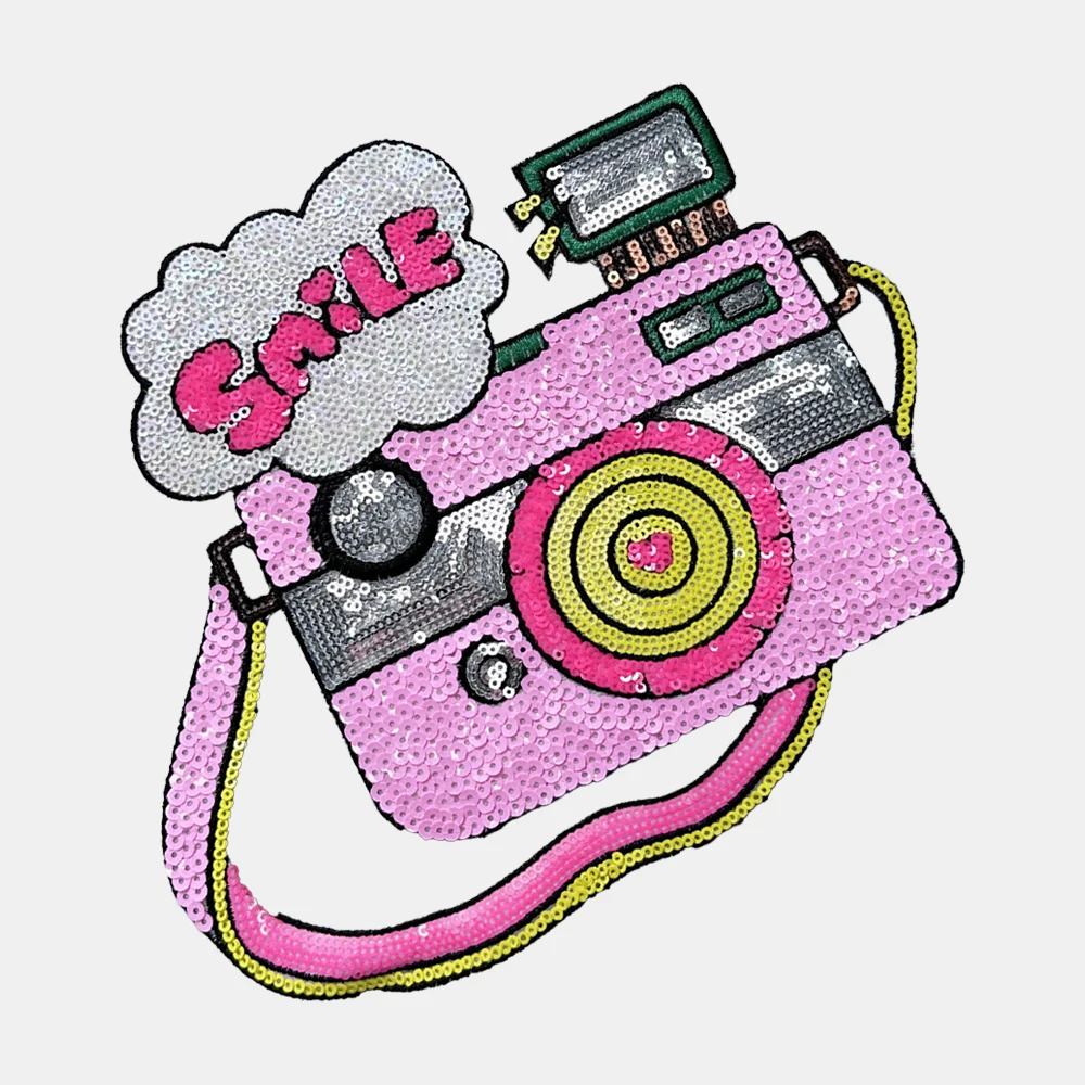1 Piece 23*20 cm Sequined Camera Patch Fashion Shining Iron on Patch for Clothing DIY Decoration Accessories Back Adhesive