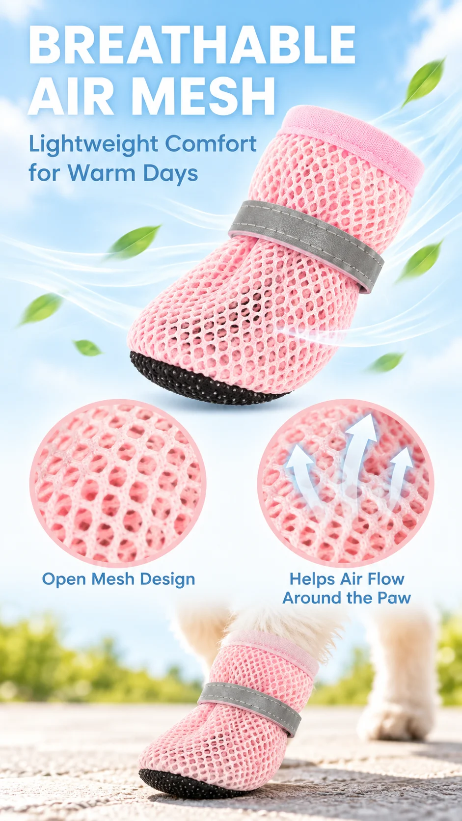 4 Stück Hundeschuhe, atmungsaktives Mesh-Material, rutschfeste, weiche Sohle, Haustierstiefel, reflektierende, verstellbare Pfotenschoner für kleine und mittelgroße Hunde. – Detail 2