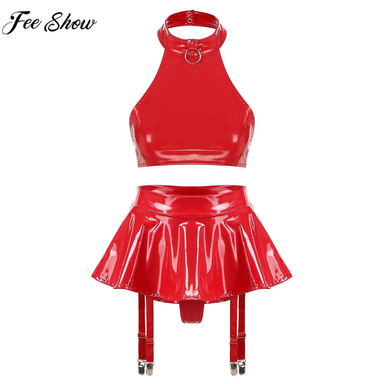 

Women Sexy Patent Leather Costume Set Halter Crop Top with Garter Thong Miniskirt for Rave Nightclub Pole Dancing Show Nightwear