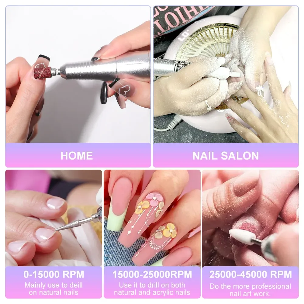 Máquina elétrica profissional de broca de unhas, 45000rpm, recarregável, portátil, ferramenta de manicure para unhas em gel, esmalte e brocas de unhas