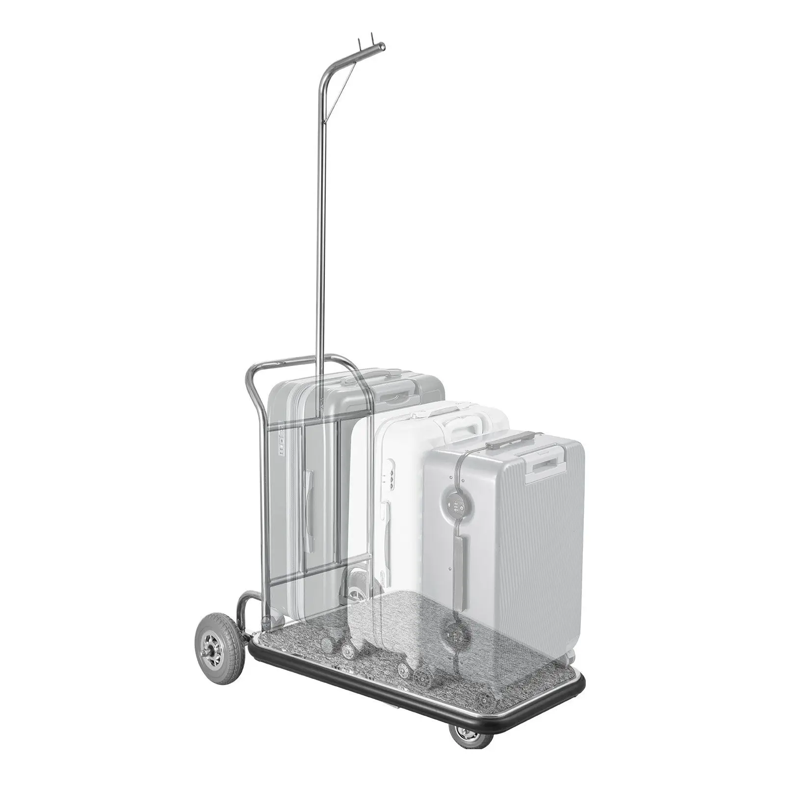 

600lb Capacity 3-Wheel Stainless Steel Bellman Cart with Grey Carpeted Deck and Rubber Wheels