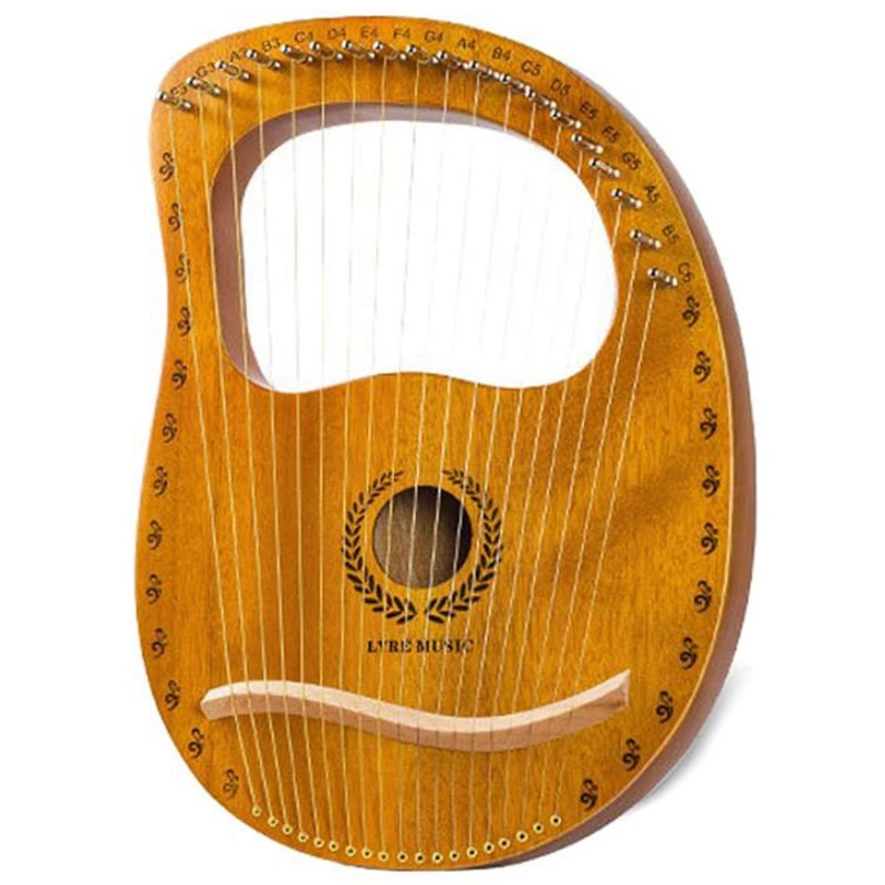 

16-String Mahogany Lyre Harp Instrument With Tuning Key, Antique Style Lyre Carving, For Music