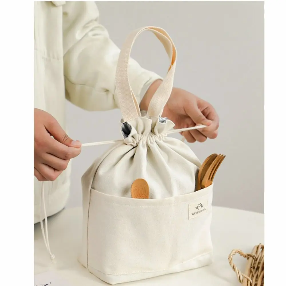 Drawstring Canvas Insulated Lunch Bag Thicken Aluminium Foil Thermal Box Tote Cooler Handbags Picnic Food Dinner Container