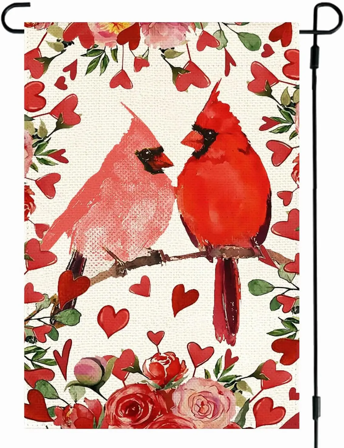Valentine's Day Cardinals Garden Flag 12x18 Inch Double Sided, Red Love Hearts Flag Anniversary Wedding Holiday Yard Law MMZ