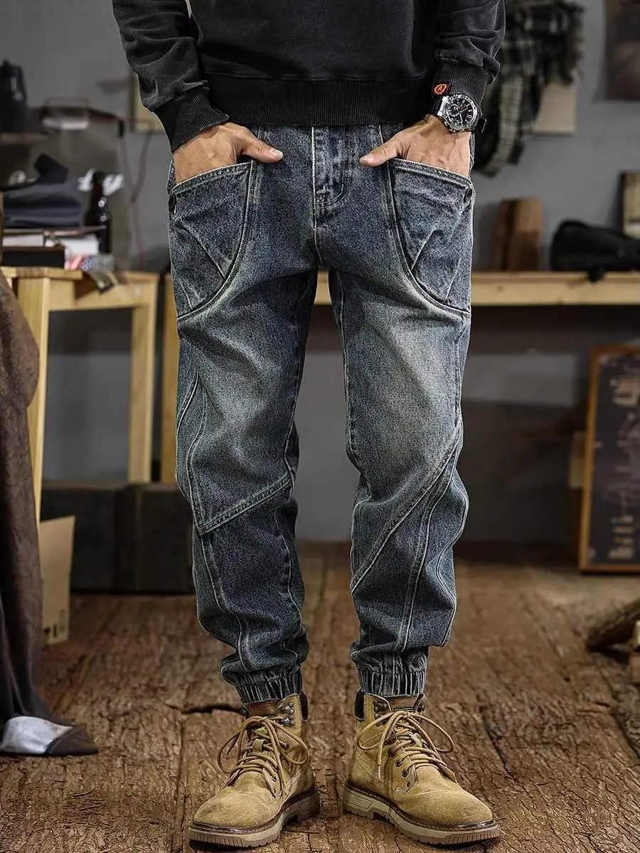 

Мужские джинсы в стиле ретро-американского рабочего стиля, модные, универсальные, с отворотами, в стиле Харлан, повседневные, свободного кроя, из полиэфирного волокна