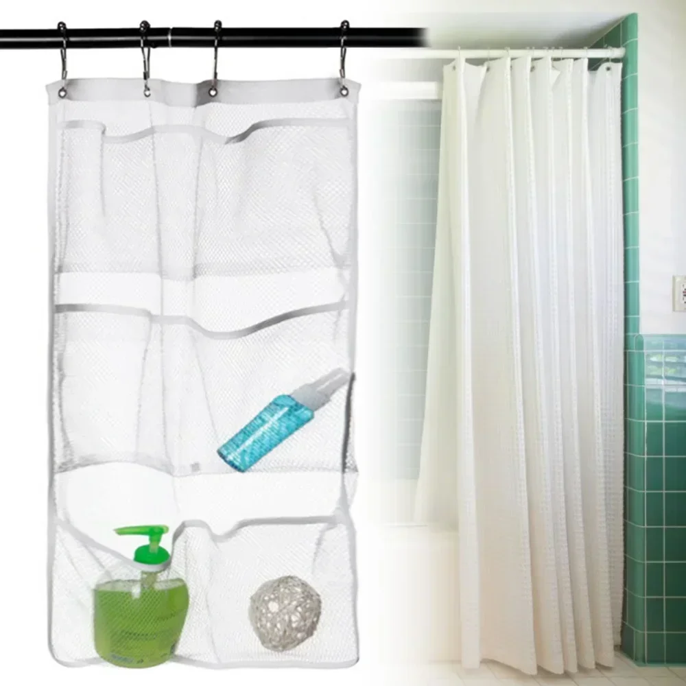 

Mesh Shower Organiser Bathroom Hanging Storage Bag Mesh with 6 Pockets Machine Washable Quick Dry Bath Room Curtains 4 Buckles