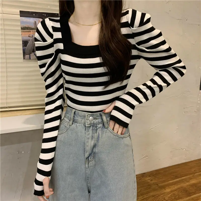 Pullovers Women French Style Inside Leisure Sweater Square Collar Crop Personal Puff Sleeve Elegant Sexy Sweet Mujer Slim Tender