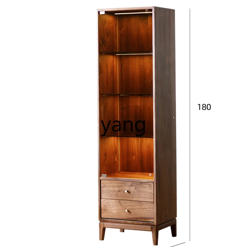 

Yjq Black Walnut Solid Wood Storage Modern Light Luxury Glass Wine Cabinet Display Bookcase