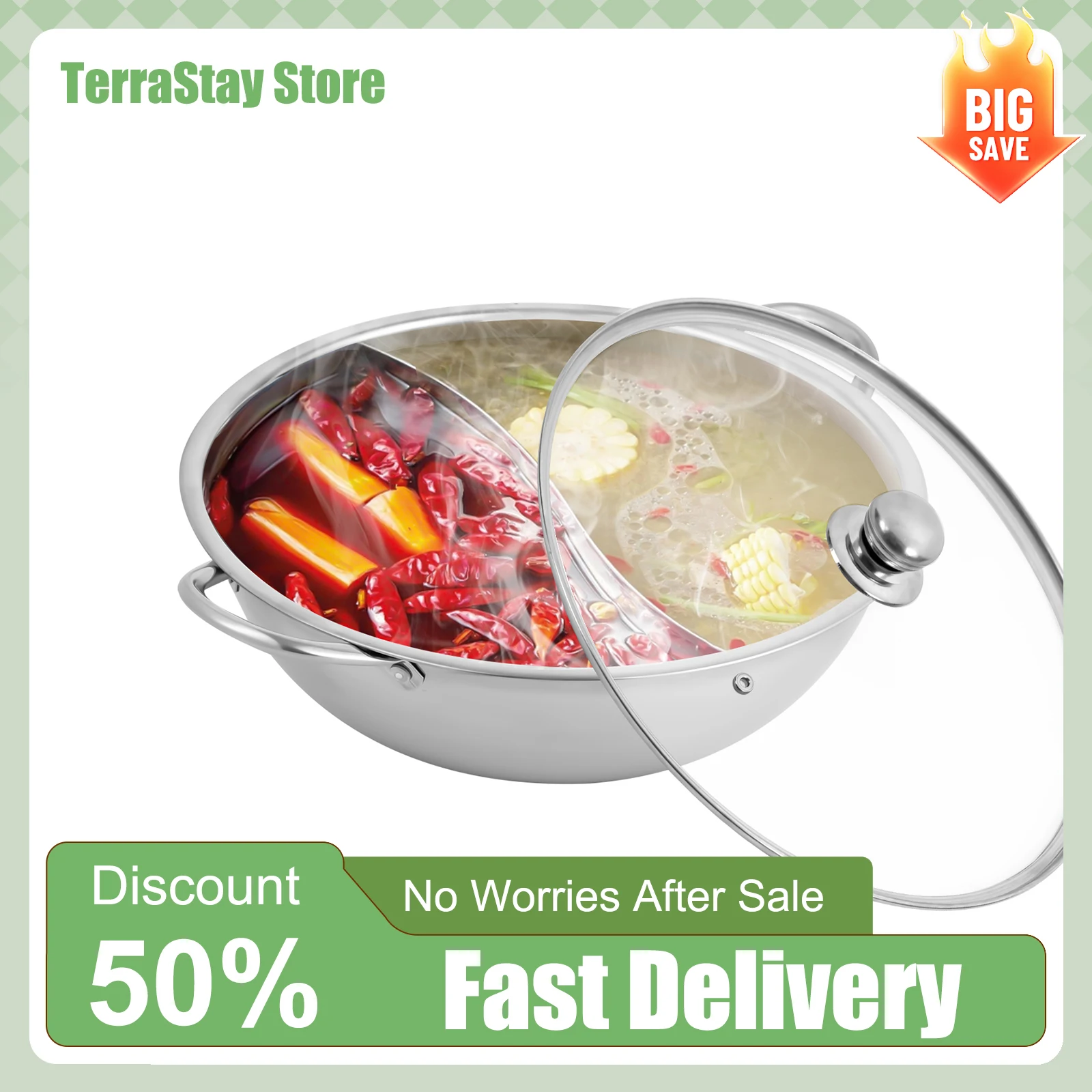 

Цельный горячий горшок из нержавеющей стали с перегородкой, круглой стеклянной крышкой и полированной поверхностью для семейного столовой, 28 см Д х 7 см В